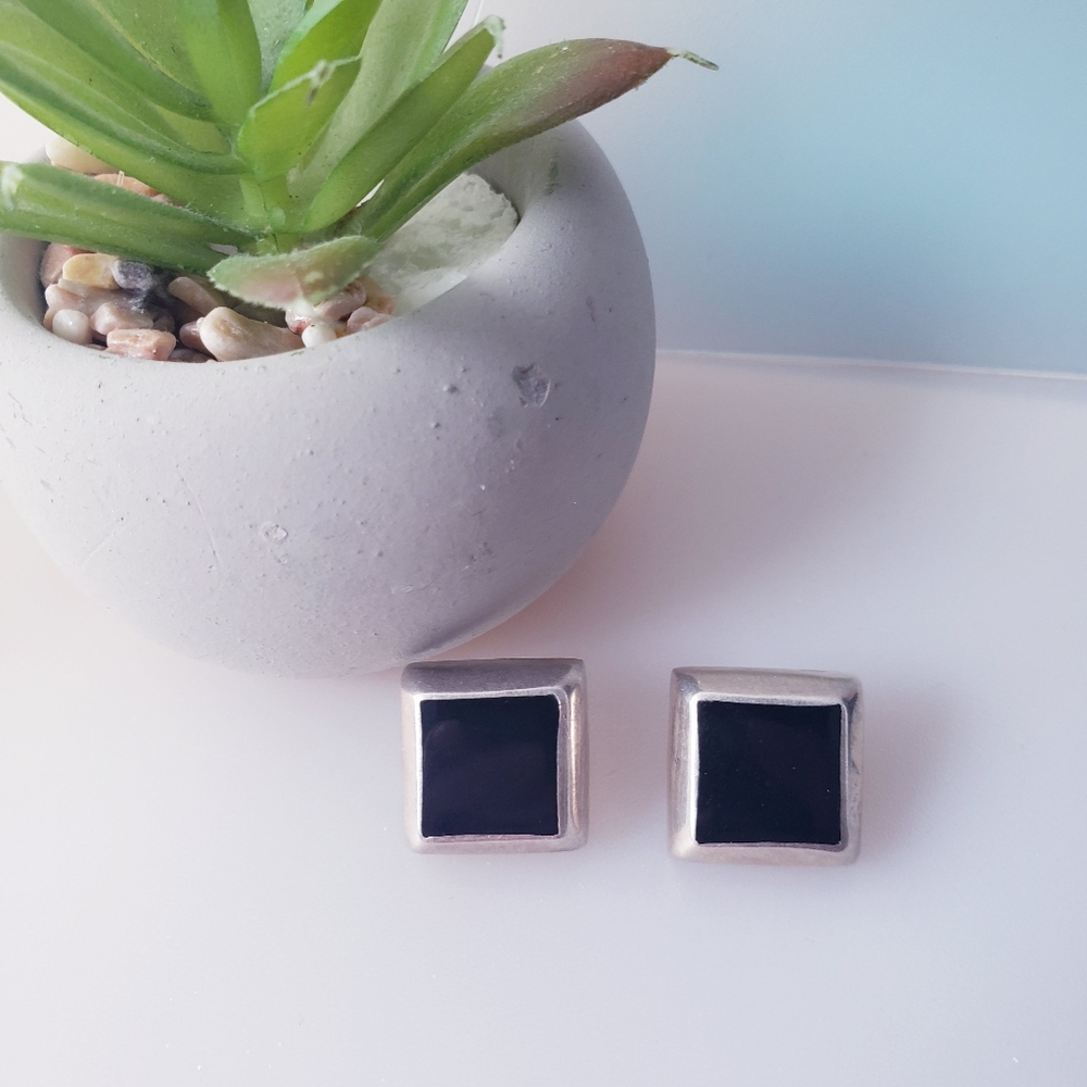 Vintage Sterling Silver & Onyx Square Chunky Earrings - Mexico 925
